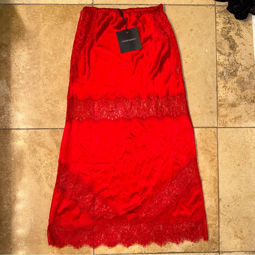 CYNTHIA ROWLEY Red Lace Bias Skirt Silk Satin Midi Lace Panel Slip Skirt NWT - S